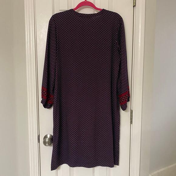 LOFT • Ann Taylor Burgundy Rust Blue Pattern Long Sleeve Side Split Dress - Picture 8 of 8